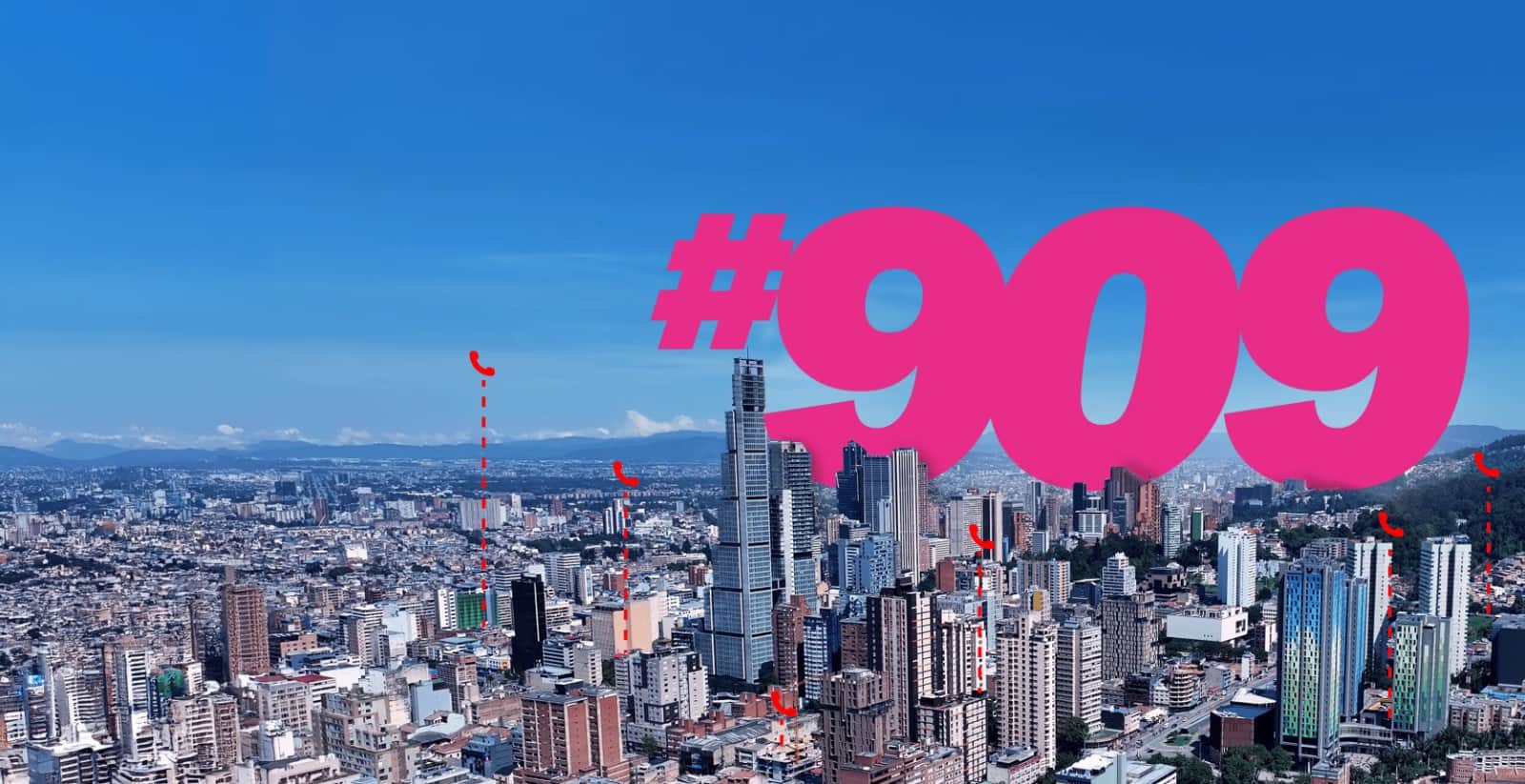 Línea #909 de urgencias veterinarias Movet sobre vista aérea de Bogotá